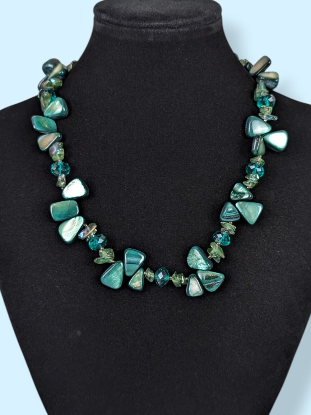 Blue-Green Beaded Abalone & Crystal Necklace